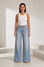 Jean bleu taille haute jambe large | Lounelle Paris