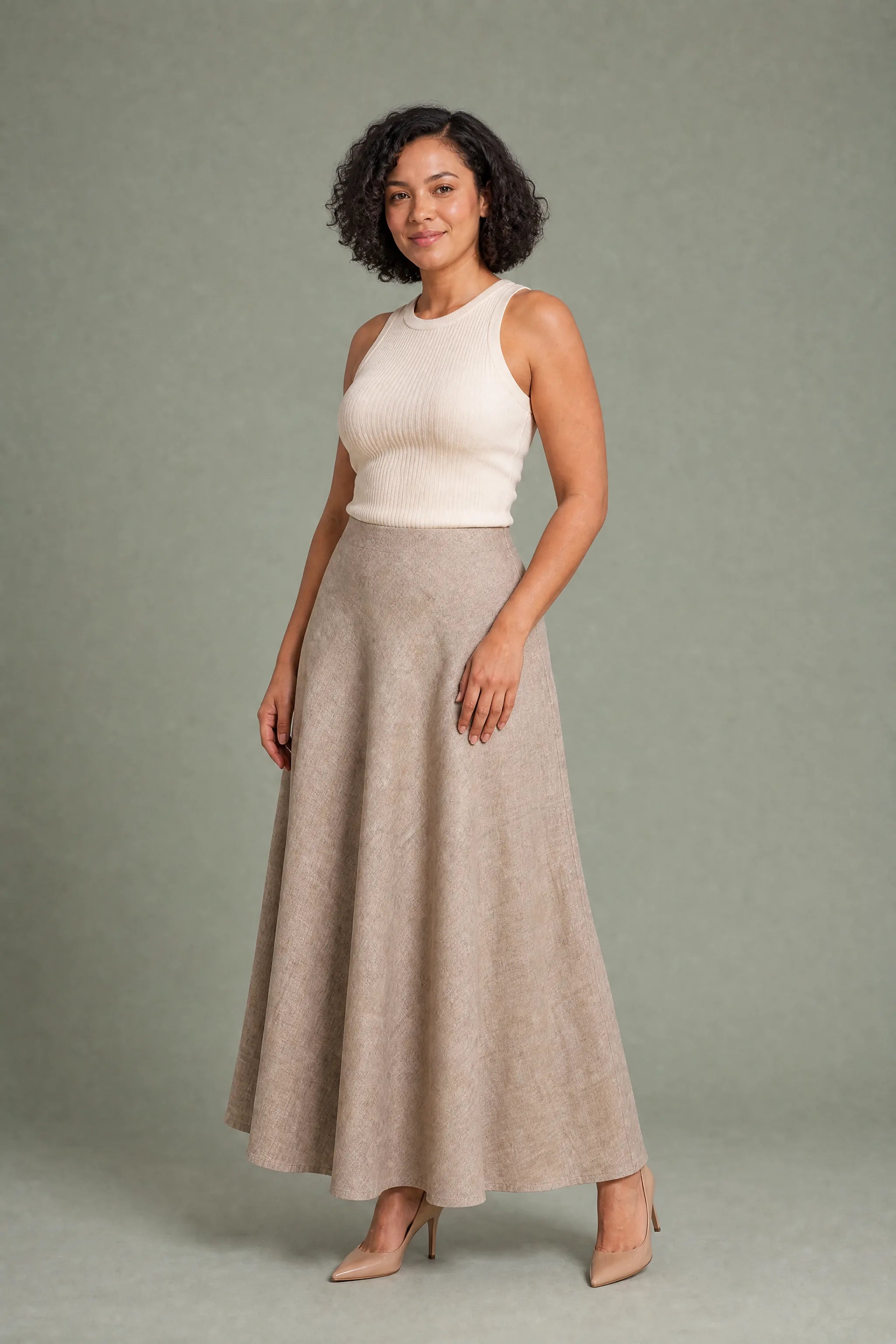 Jupe longue beige évasée | Porté sur une autre silhouette | Lounelle Paris