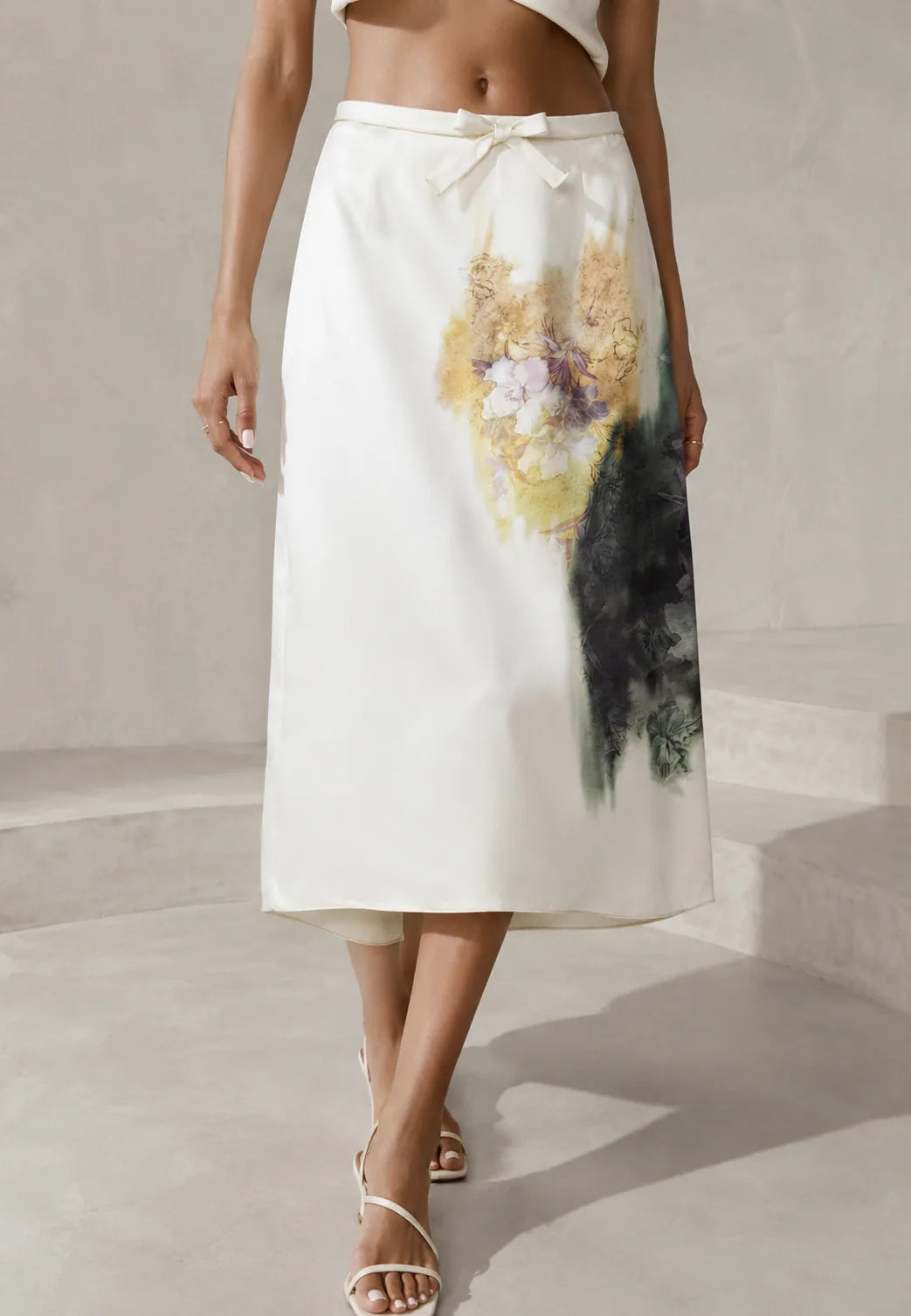 Jupe midi blanche imprimée à nœud | Lounelle Paris