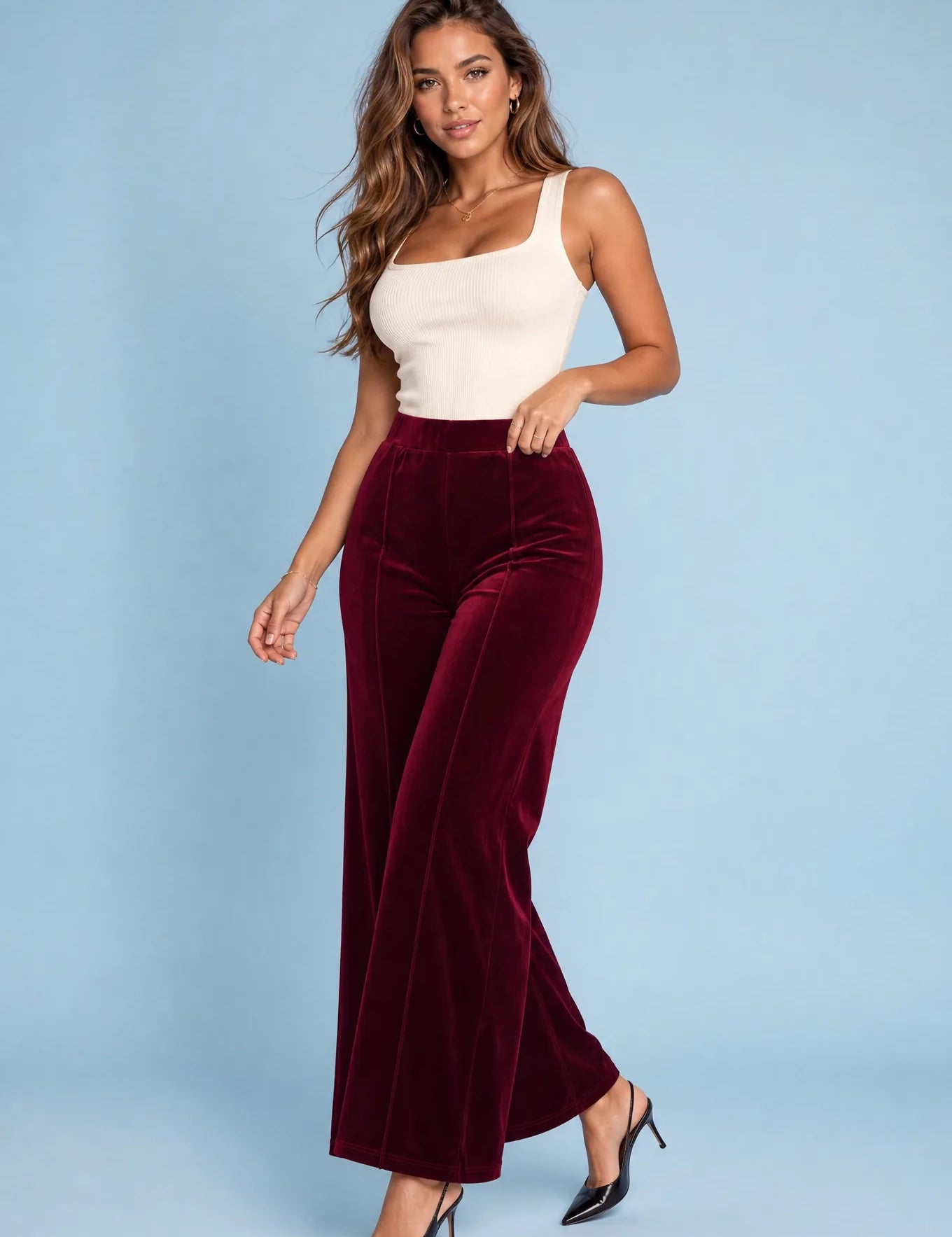 Pantalon large bordeaux taille haute en velours | Vue de face | Lounelle Paris