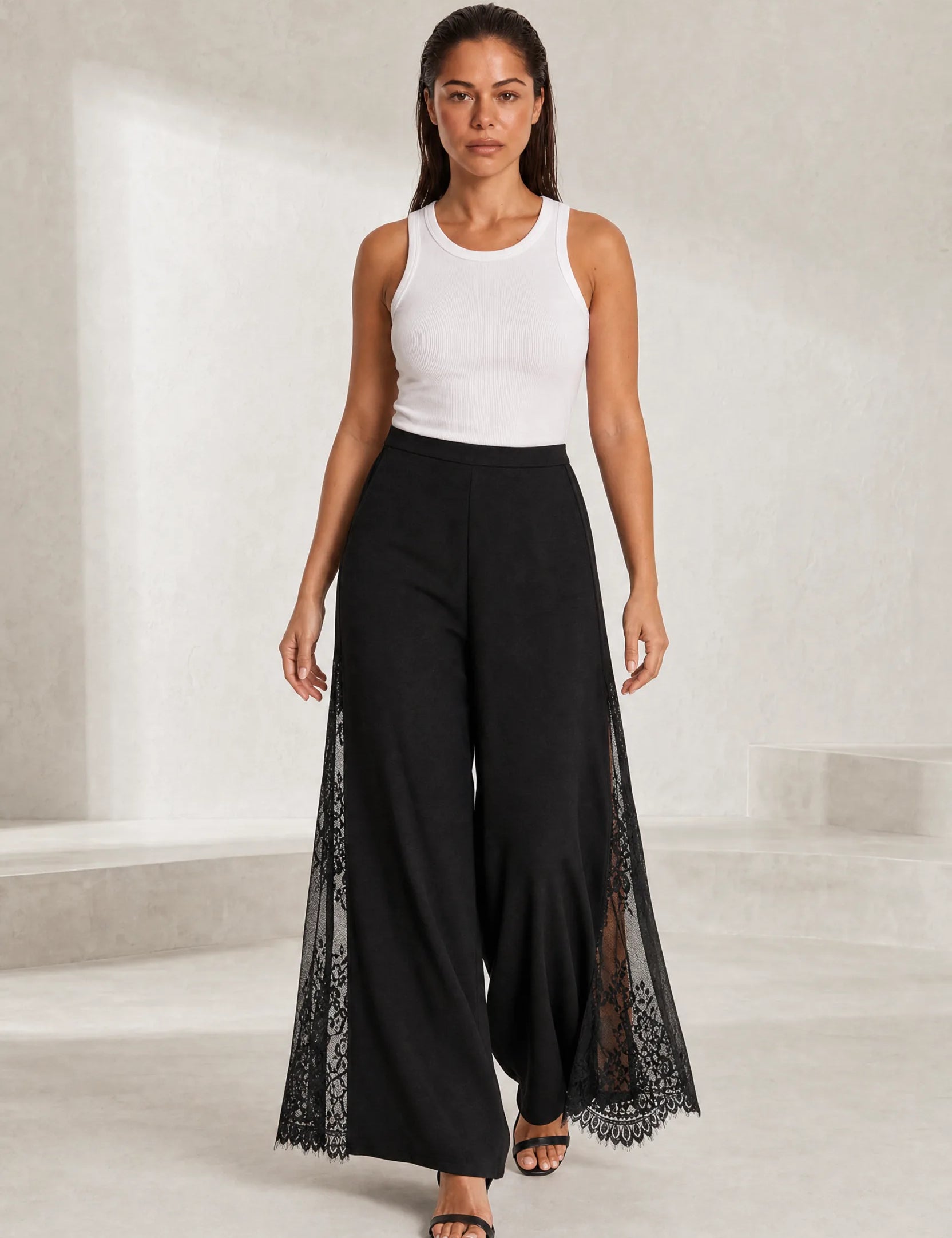 Pantalon large noir taille haute dentelle | Lounelle Paris