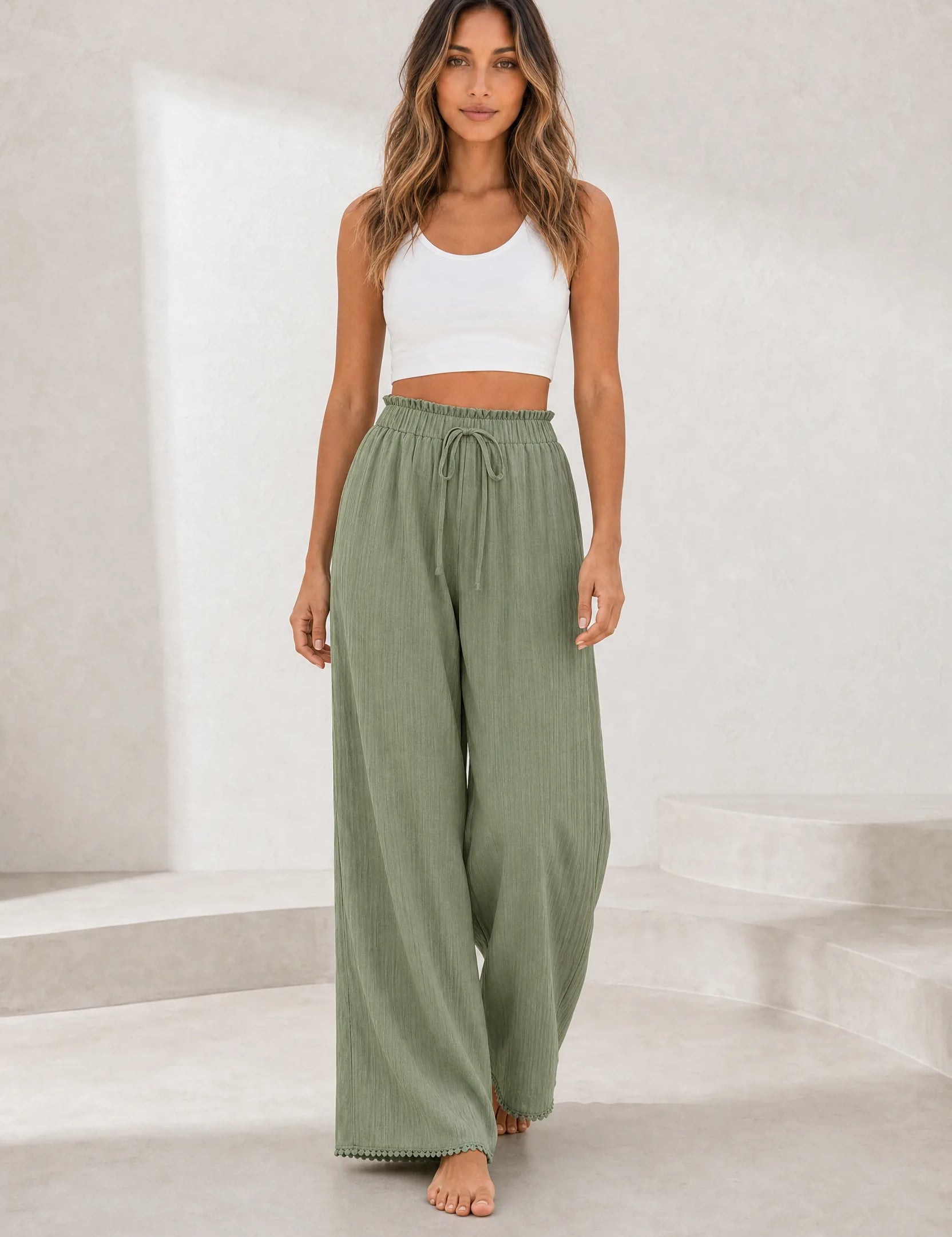 Pantalon large vert taille volantée | Lounelle Paris