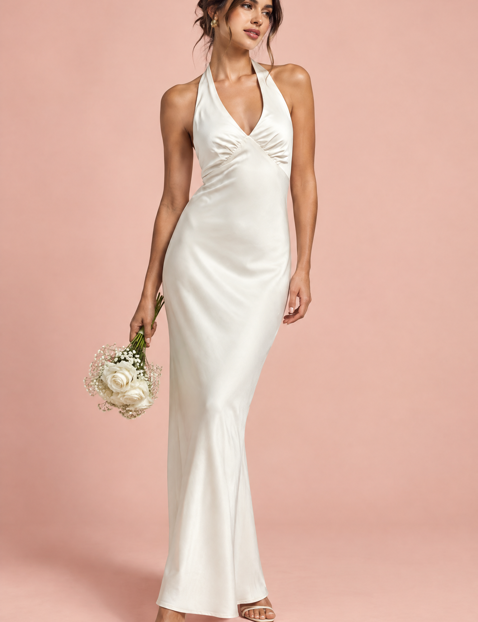 Robe longue blanc cassé à fronces et col V | Vue de face | Lounelle Paris
