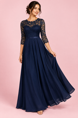 Vestido largo azul marino con panel de encaje