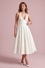 Vestido midi de jacquard con escote halter en blanco roto