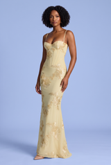 Vestido largo amarillo con bordado floral
