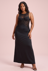 Vestido negro con bustier y paneles de malla