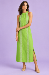 Vestido midi verde plisado con abertura, sin mangas