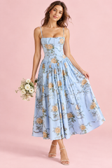 Vestido largo azul con corsé