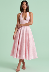 Vestido midi de jacquard con escote halter en rosa