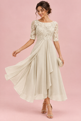 Vestido midi de gasa con cuerpo bordado Marfil