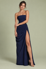 Vestido largo azul marino palabra de honor con frunces