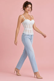 Top bustier blanc à empiècements transparents | Vue en mouvement | Lounelle Paris