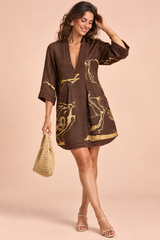 Vestido mini fluido marrón oscuro con escote en V