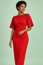 Robe midi rouge avec cape amovible | Vue rapprochée | Lounelle Paris