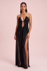 Vestido largo negro asimétrico con aberturas