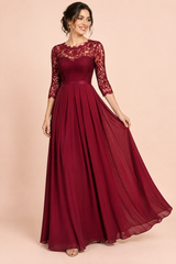Vestido largo burdeos con panel de encaje