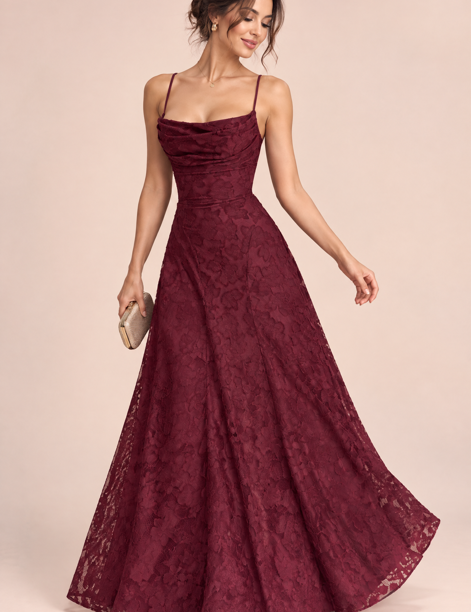 Robe longue fleurie bordeaux à col bénitier | Vue de face | Lounelle Paris