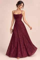 Vestido largo floral burdeos con escote drapeado