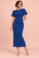 Vestido midi azul marino con mangas abullonadas