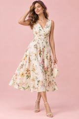 Vestido midi verde con estampado floral de ramo y escote cuadrado