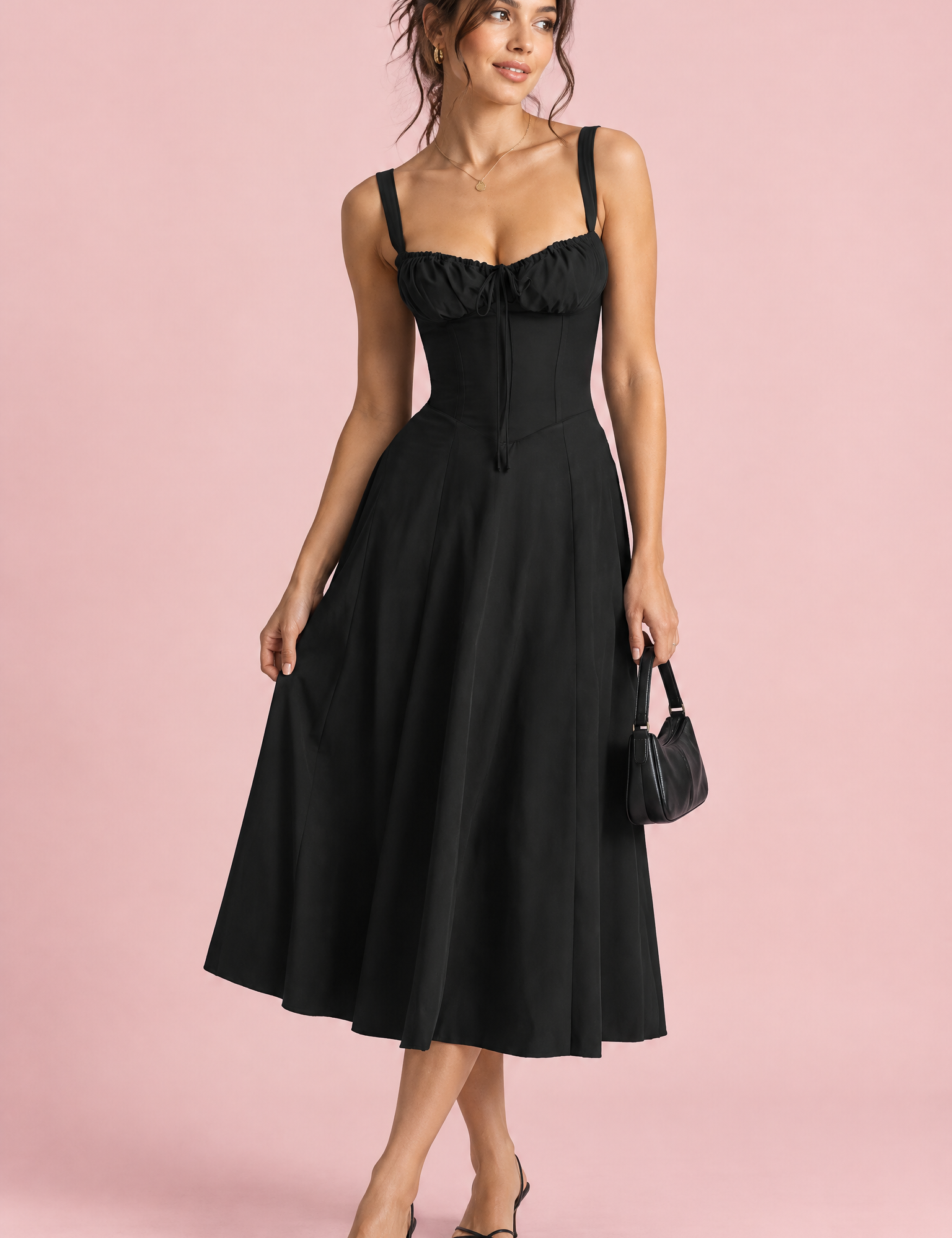 Robe midi noire à coupe trapèze et encolure carrée | Vue de face | Lounelle Paris