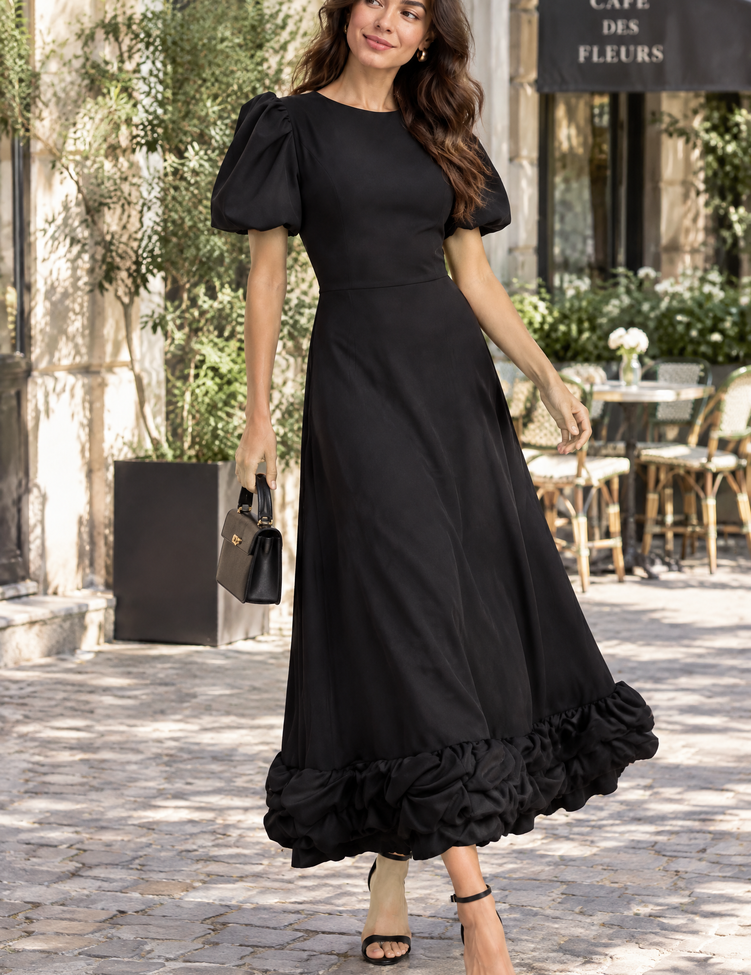 Robe longue noire à manches bouffantes et volant | Photo lifestyle | Lounelle Paris