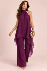 Conjunto de pantalón de gasa morado con cuello halter