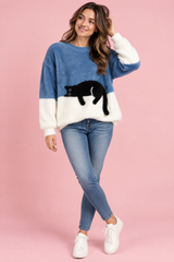 Jersey azul oversize con estampado de gatos
