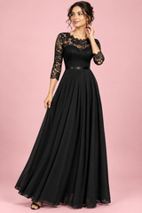 Vestido largo negro con panel de encaje