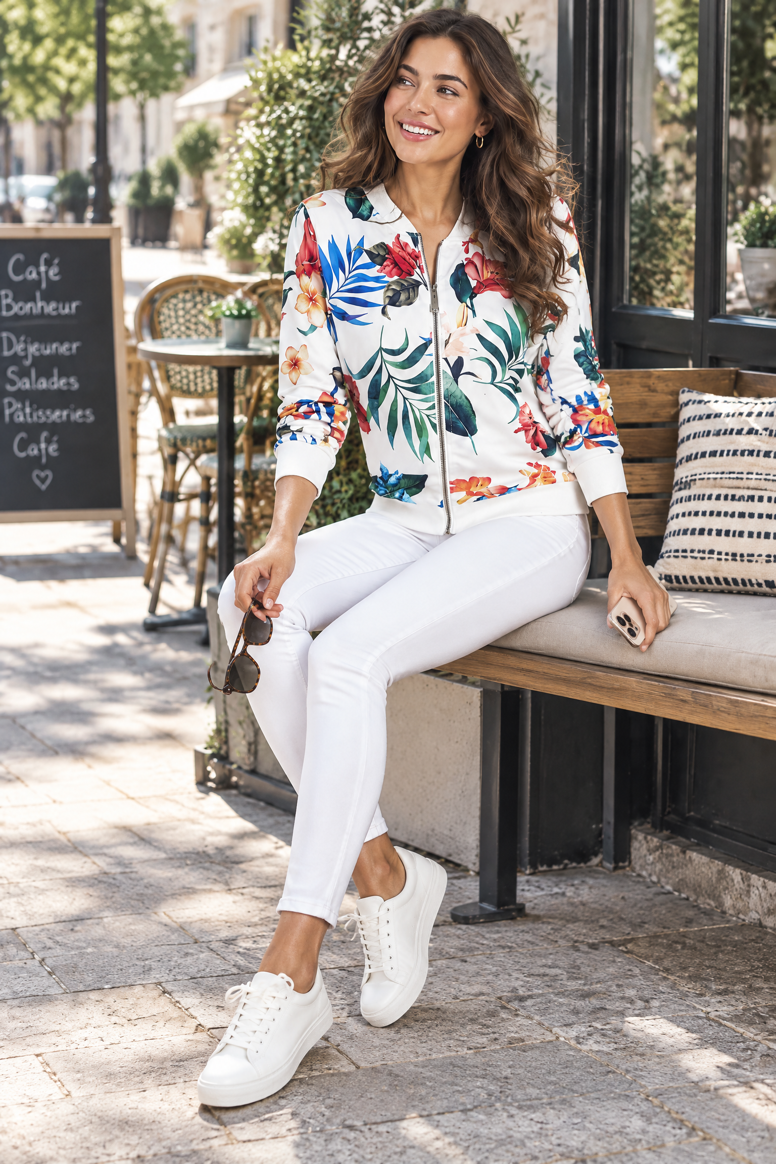 Veste bomber fleurie ajustée blanche | Photo lifestyle | Lounelle Paris