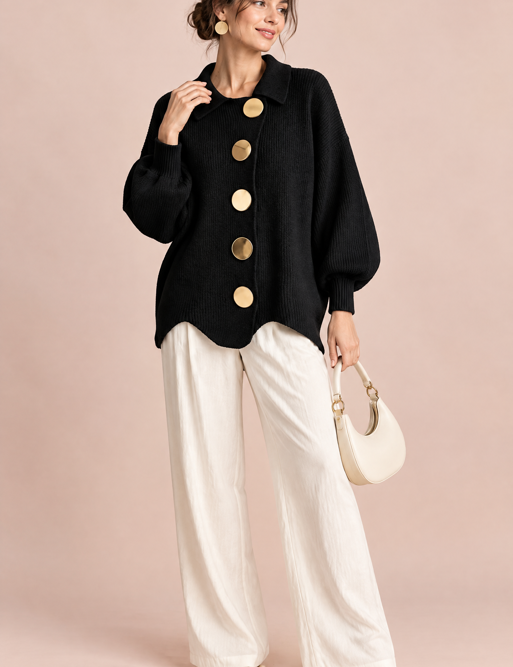 Cardigan oversize noir à col | Vue de face | Lounelle Paris