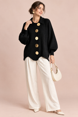 Cárdigan oversize de punto negro con cuello camisero