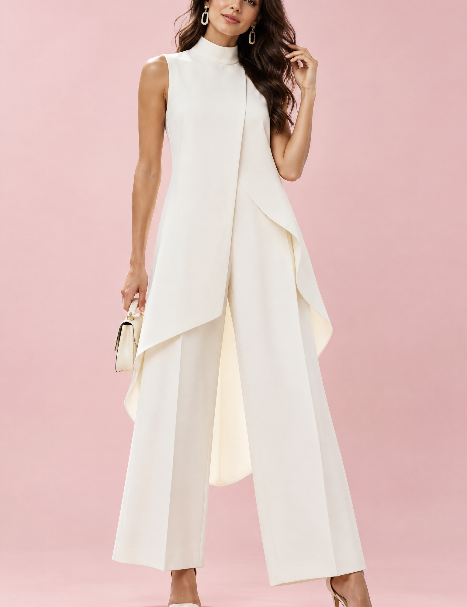 Ensemble pantalon blanc fluide avec top sans manches à col montant | Vue de face | Lounelle Paris