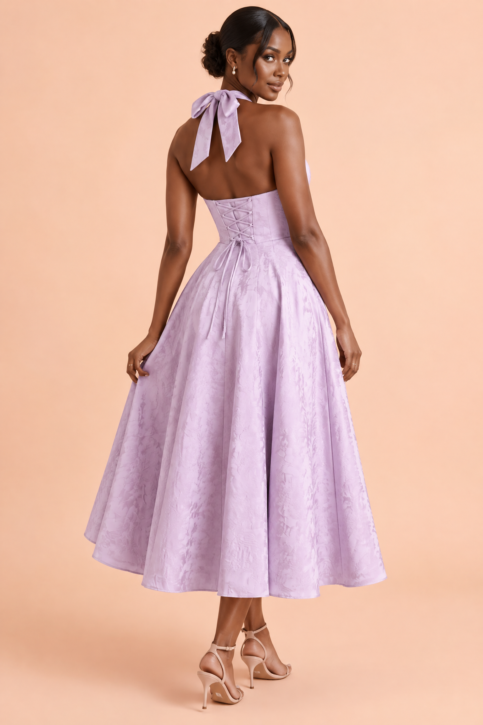 Robe midi violette en dentelle à décolleté plongeant | Vue de dos | Lounelle Paris