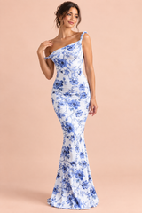 Vestido largo azul asimétrico con detalle retorcido