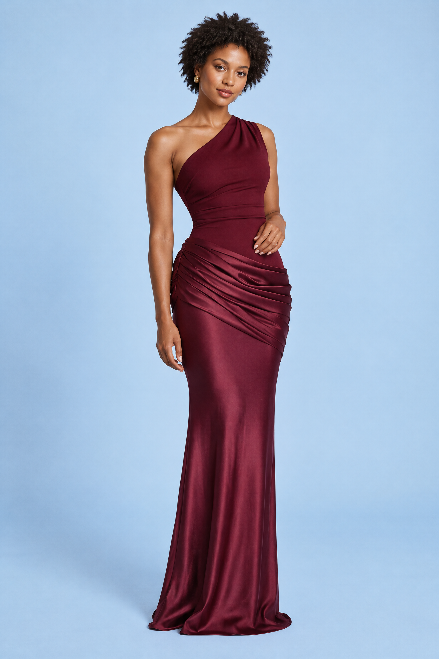 Robe longue bordeaux asymétrique froncée | Vue de face | Lounelle Paris