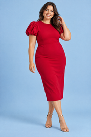 Robe midi rouge à manches bouffantes | Porté sur une silhouette plus ronde | Lounelle Paris