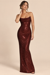 Vestido largo de lentejuelas con escote drapeado burdeos