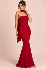 Vestido rojo largo de fiesta palabra de honor con corte sirena