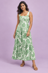 Vestido midi verde con estampado de porcelana y escote cuadrado