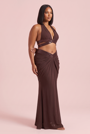 Ensemble marron à dos nu avec jupe longue drapée | Porté sur une autre silhouette | Lounelle Paris