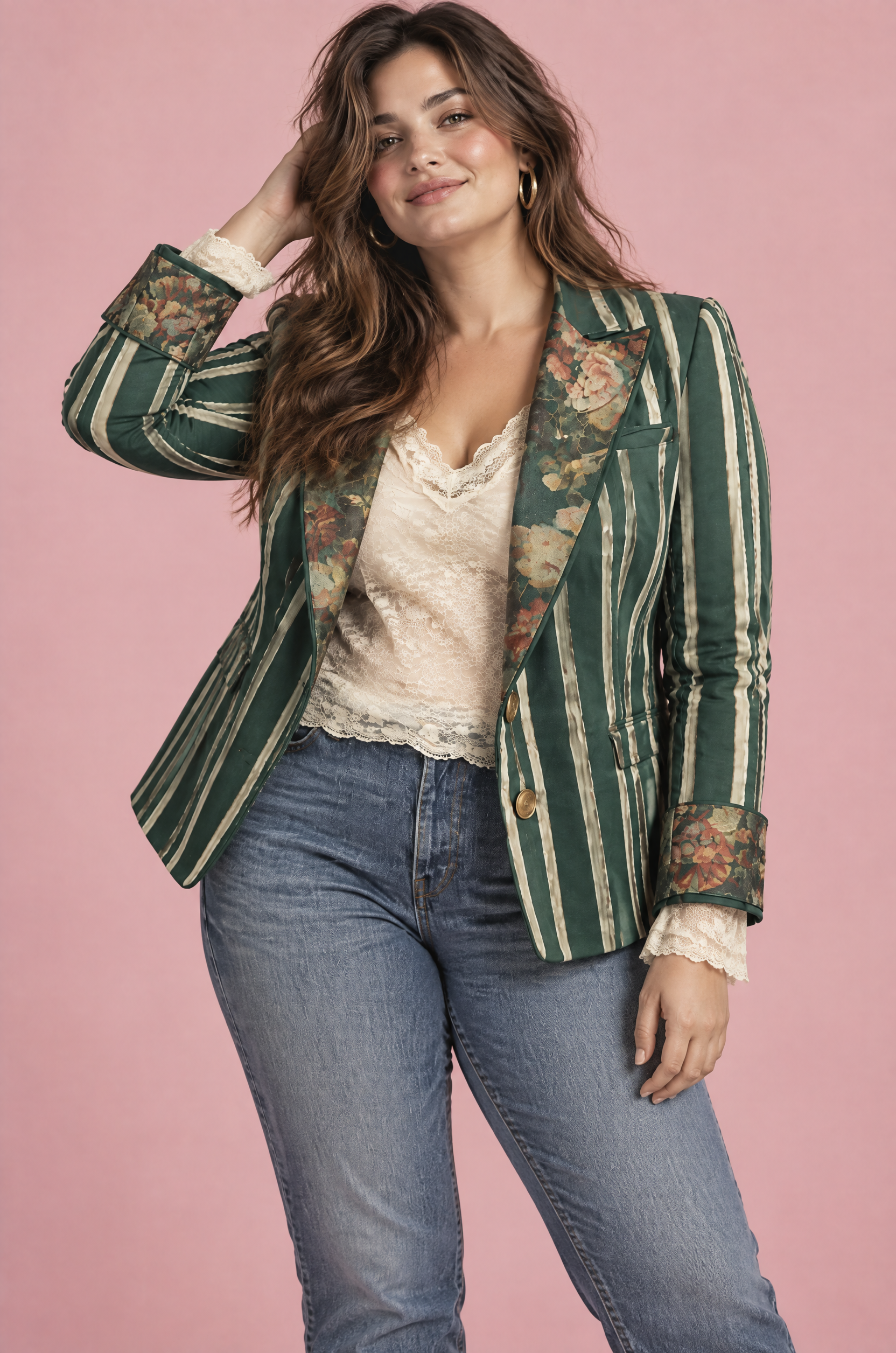 Blazer ajusté vert à fleurs et rayures | Porté sur une silhouette plus ronde | Lounelle Paris
