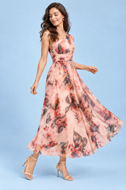 Robe longue fleurie rose à une épaule, coupe trapèze | Vue de dos | Lounelle Paris
