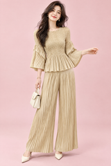 Conjunto beige plisado de pantalón ancho