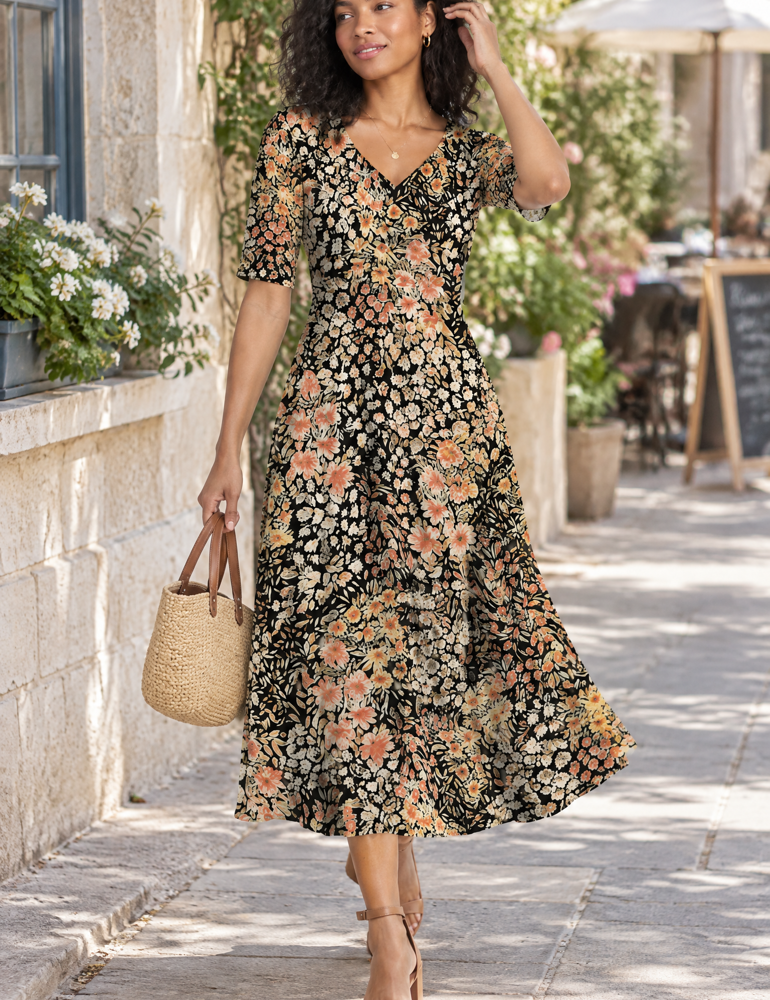 Robe longue noire à col V | Photo lifestyle | Lounelle Paris