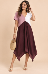 Vestido midi asimétrico burdeos con escote en V