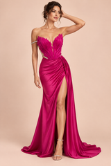 Vestido largo palabra de honor fruncido rosa