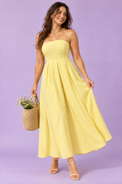 Robe midi évasée bustier — jaune | Porté sur une autre silhouette | Lounelle Paris