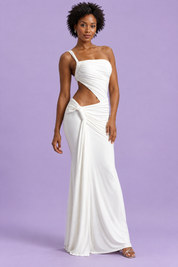 Robe longue blanche asymétrique à jupe portefeuille | Vue de face | Lounelle Paris